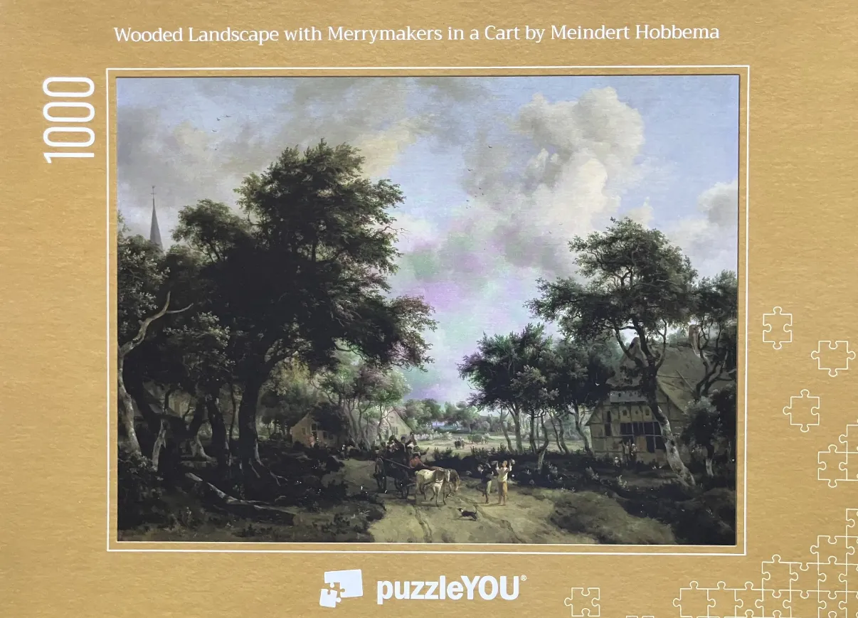 A 17th-century Dutch oil painting titled Wooded Landscape with Merrymakers in a Cart featuring people on a dirt road.