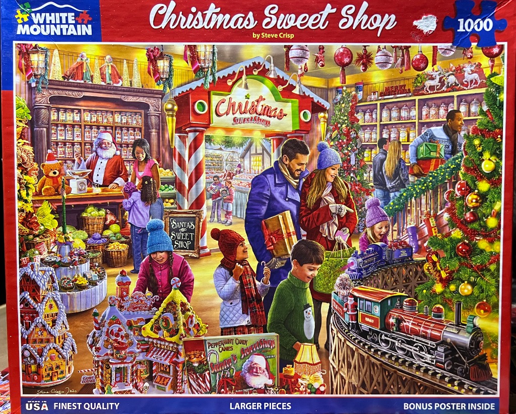 An illustration of a bustling, festive Christmas sweet shop filled with patrons, holiday decor, and a model train.
