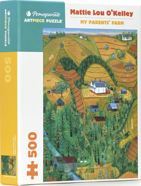 Folk art painting of a rolling farm landscape with a large white house and lush green trees and terraced fields.