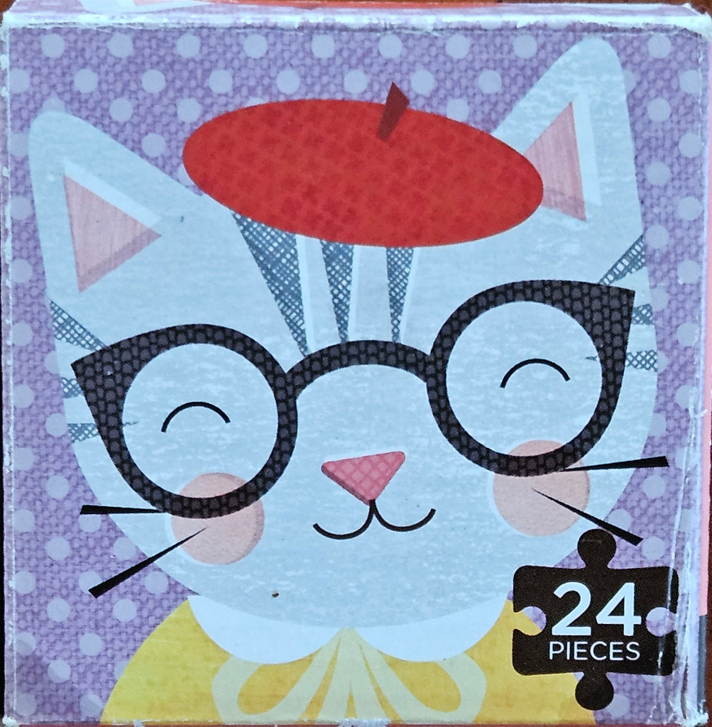 A whimsical illustration of a cat wearing a red beret and black glasses against a purple polka-dot background.