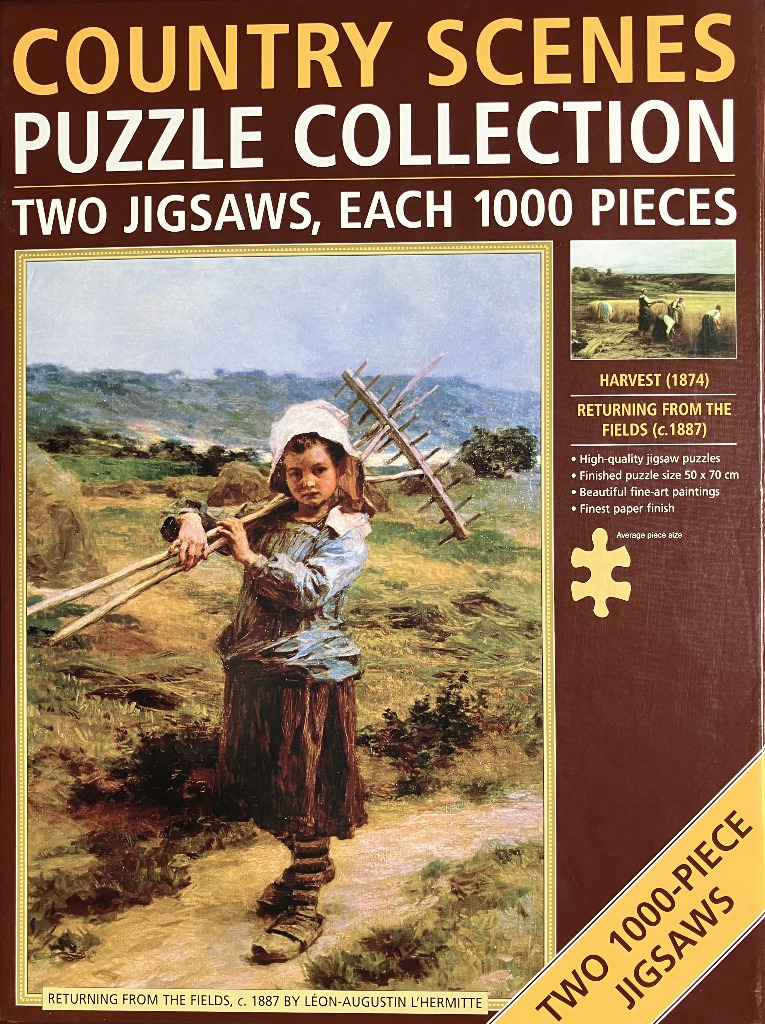 A young girl carrying a large wooden hay rake across a rural landscape in a 19th-century oil painting.