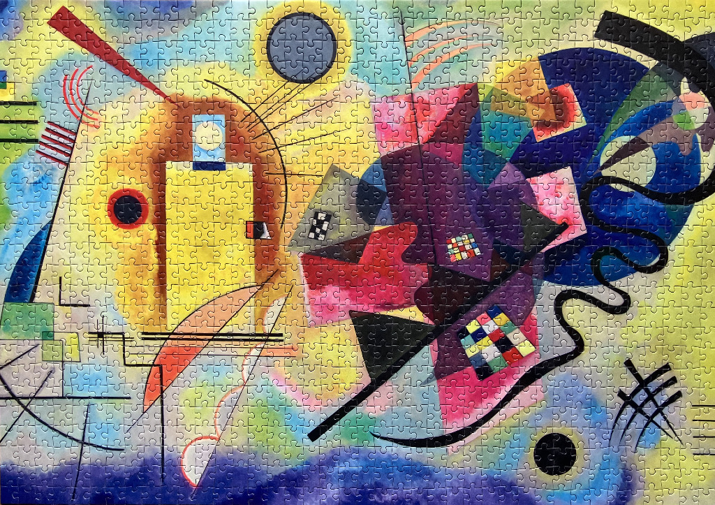An abstract expressionist painting featuring vibrant geometric shapes, floating circles, and thin black linear elements.