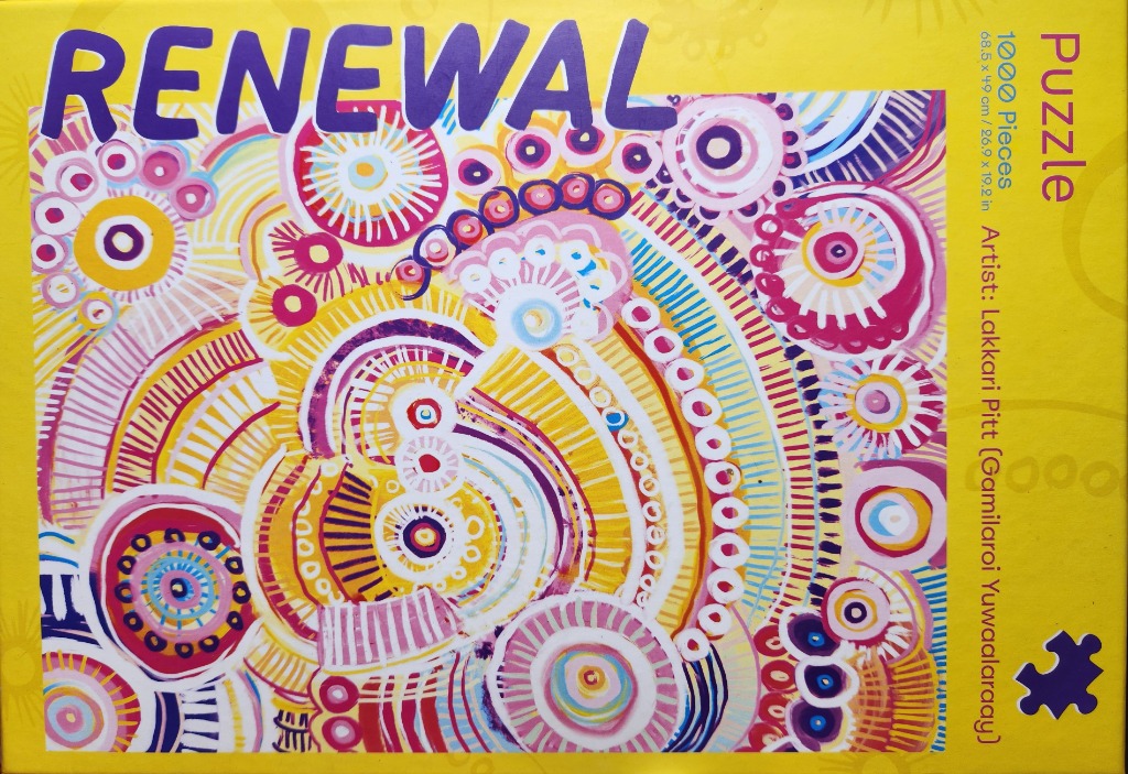 Abstract Australian Indigenous style painting featuring concentric circles and radiating lines in pink, yellow, and purple.