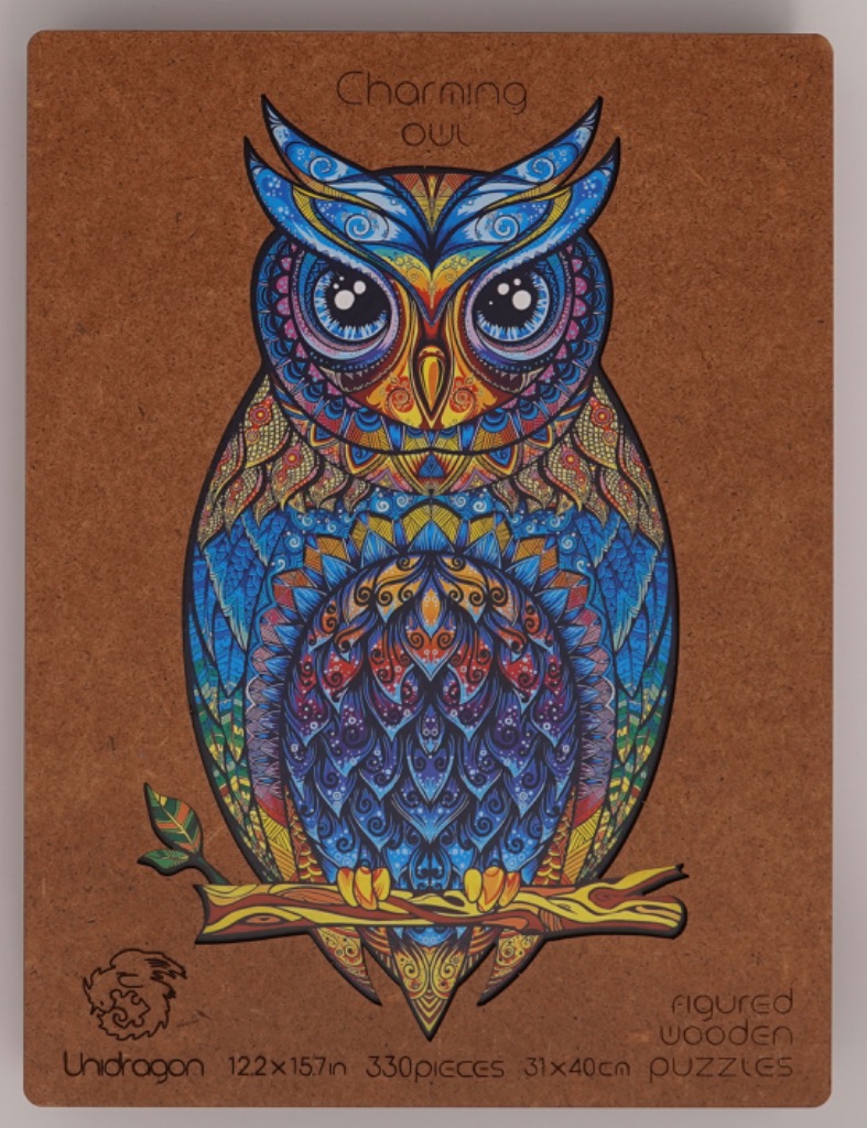 Stylized owl with intricate colorful patterns perching on a branch against a brown background.