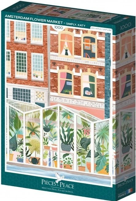 An illustration of an Amsterdam canal house with a glass greenhouse filled with plants on the ground level.