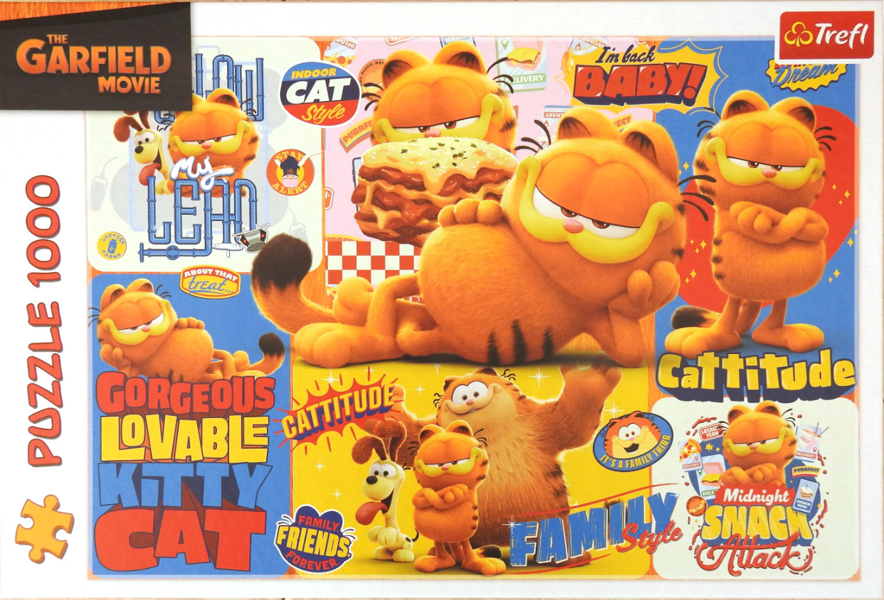 A collage of Garfield the cat in various poses with slogans like Cattitude and Midnight Snack Attack.