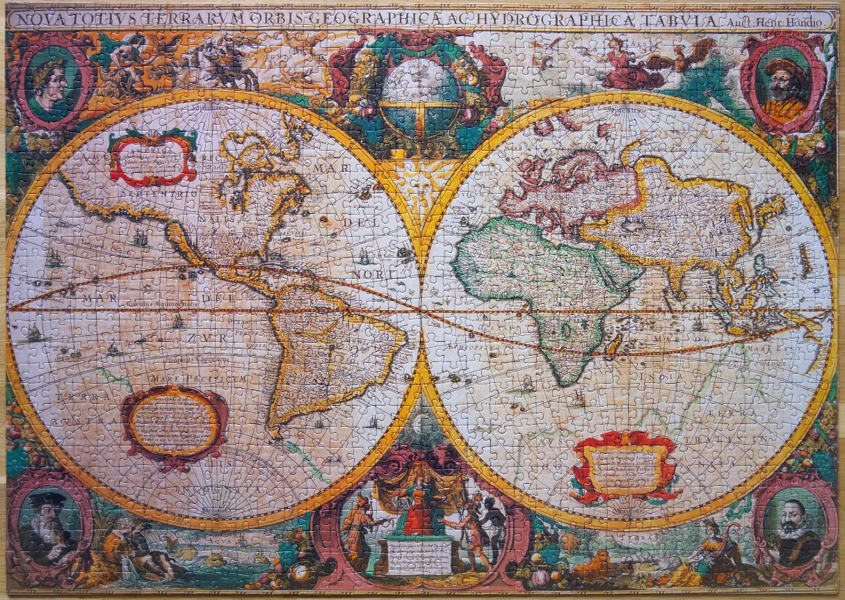 A 17th-century style double-hemisphere world map illustration with ornate borders and allegorical figures.