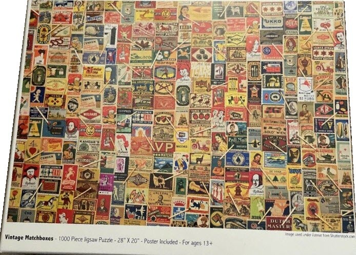 A collage of vintage matchbox label designs featuring various illustrations, brand logos, and retro typography.