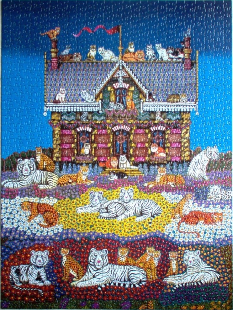 An ornate Victorian house surrounded by numerous white and spotted tigers in a flower-filled garden.