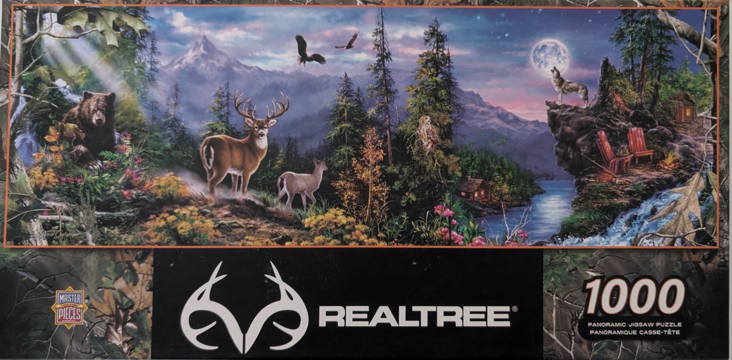 A panoramic wilderness scene featuring a bear, deer, owl, and wolf under a full moon in a mountain landscape.