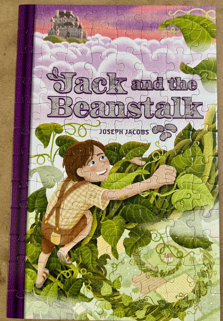 Illustration of Jack climbing a giant beanstalk with a castle in the clouds above.