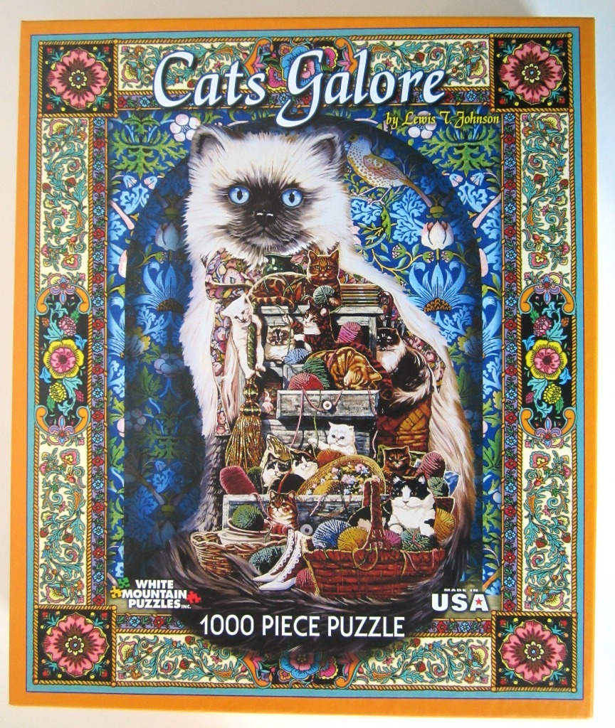 A central fluffy white cat surrounded by multiple smaller cats and sewing supplies in a William Morris-style frame.