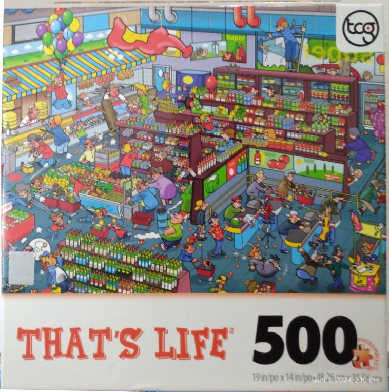A colorful cartoon illustration of a chaotic supermarket with many shoppers and staff members.
