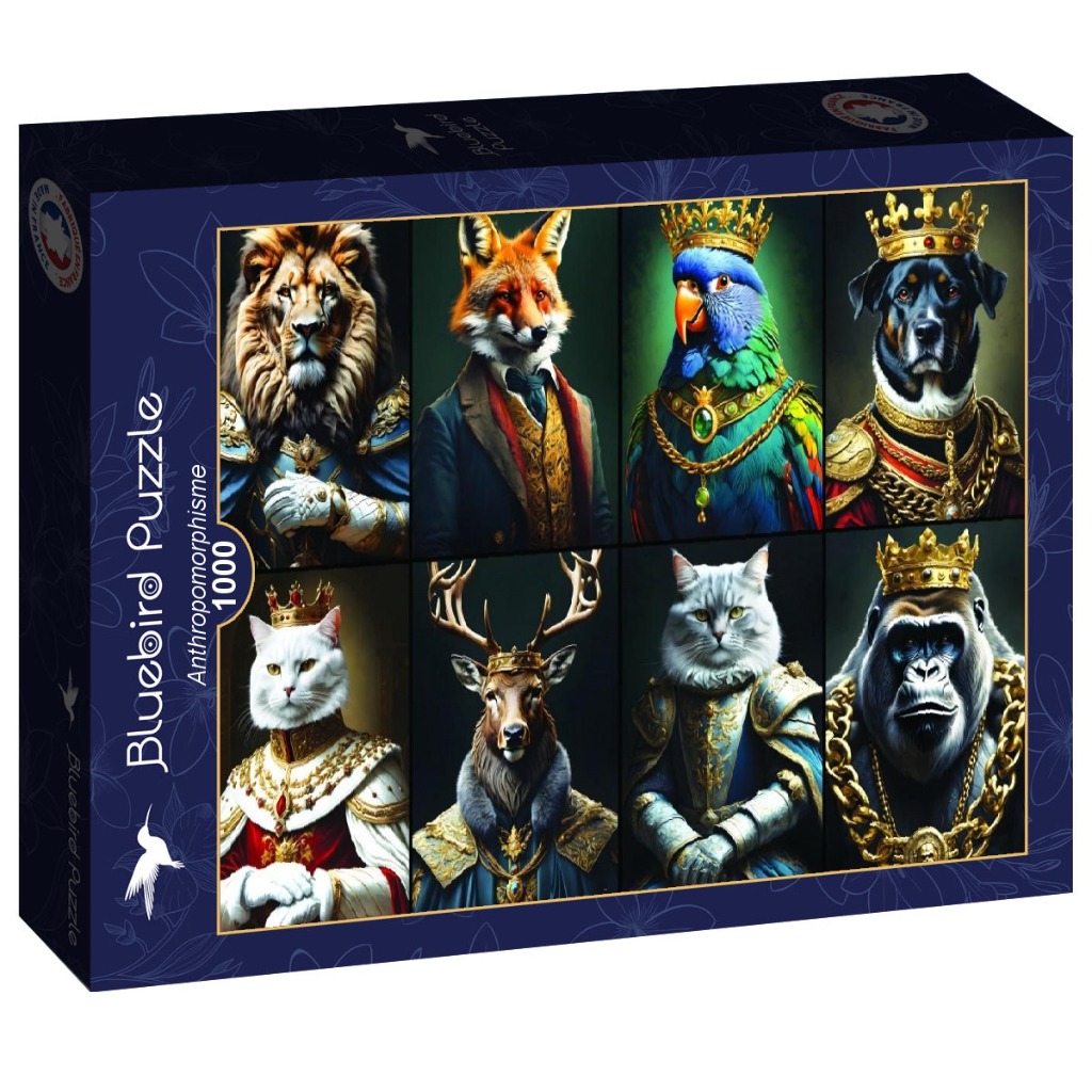 A montage of eight regal, anthropomorphic animals dressed in ornate historical clothing and gold crowns.
