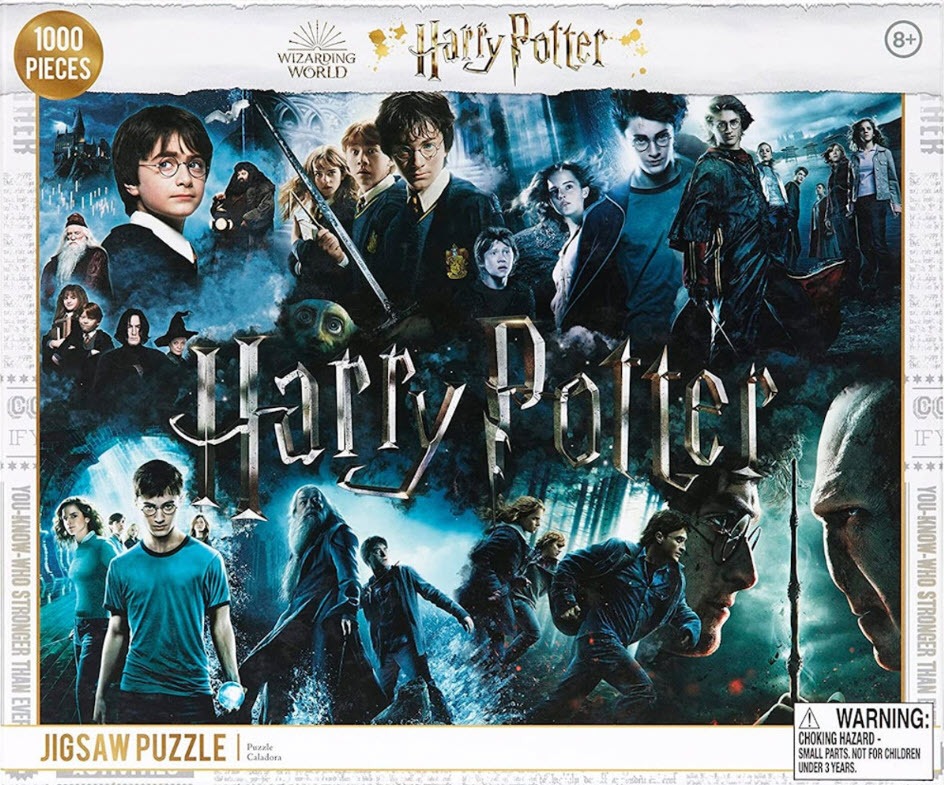 A montage of various characters and scenes from the Harry Potter film series set against a dark, moody blue background.