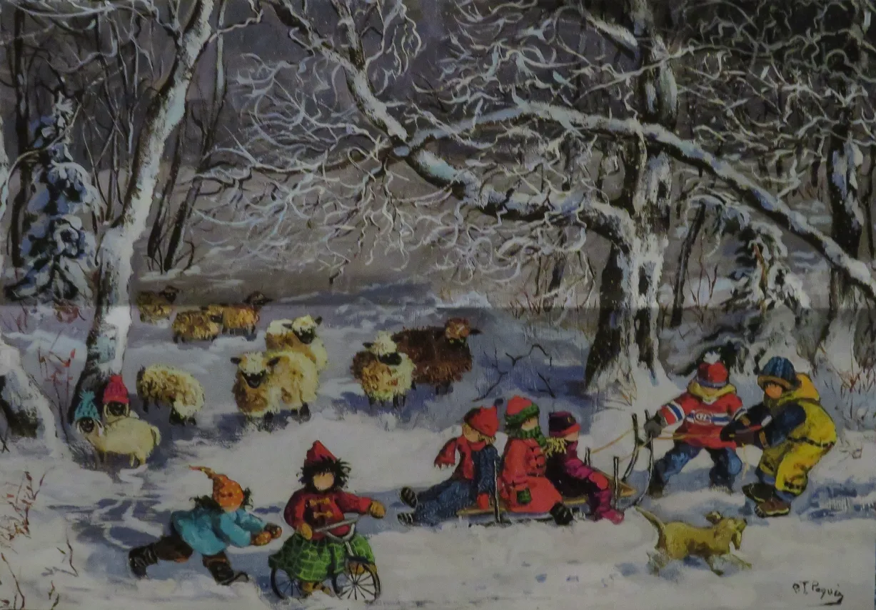 Children playing in a snowy forest with sheep