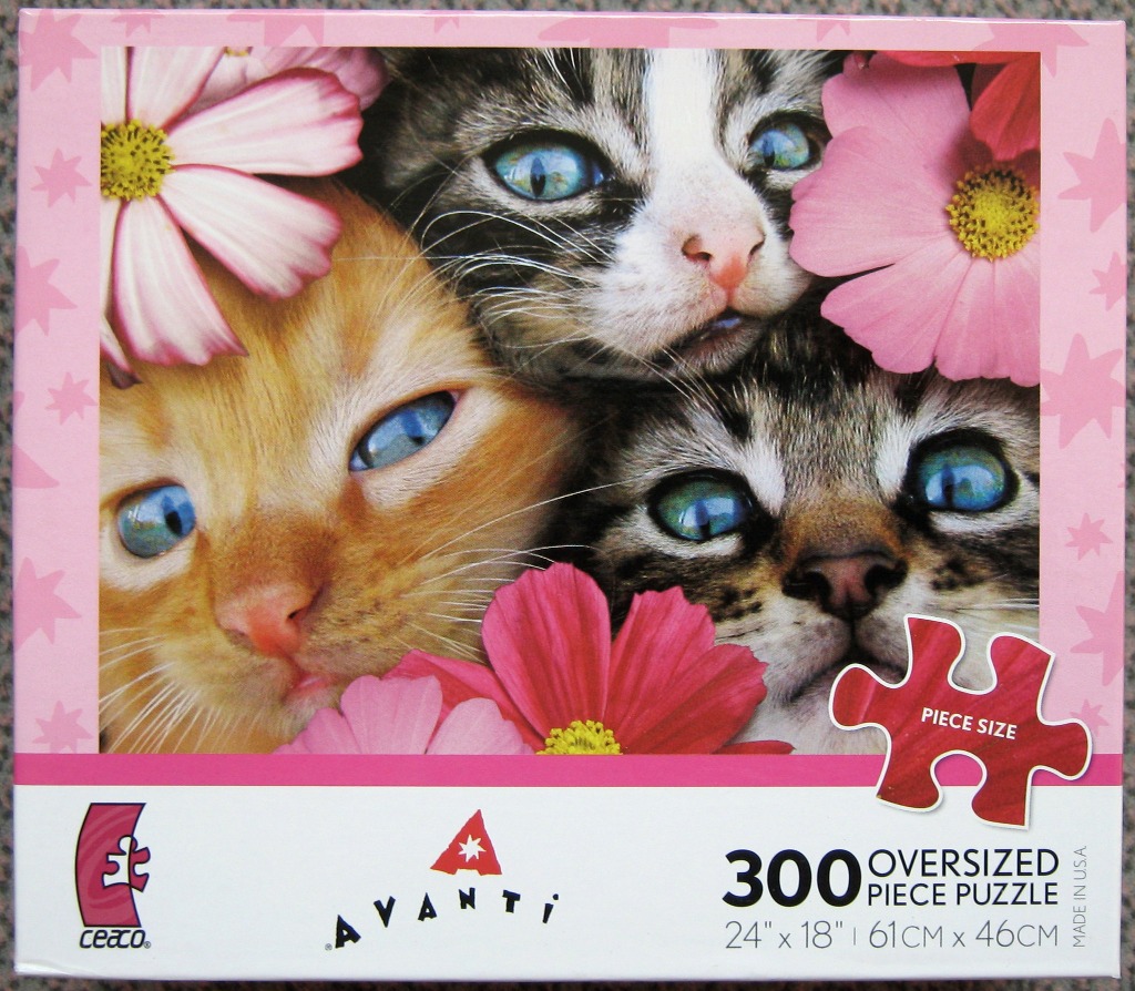 Close-up photograph of three kittens surrounded by pink cosmos flowers