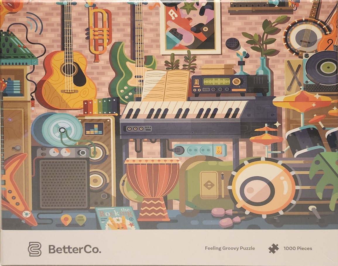 Stylized illustration of a cluttered music studio filled with various instruments, including guitars, a keyboard, and drums.