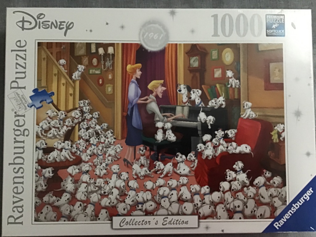 Animated scene of Roger and Anita playing piano surrounded by dozens of Dalmatian puppies in a cozy living room.