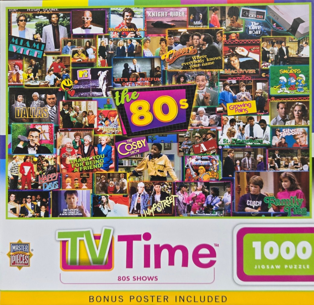 A collage of 1980s television show stills surrounding a large central 