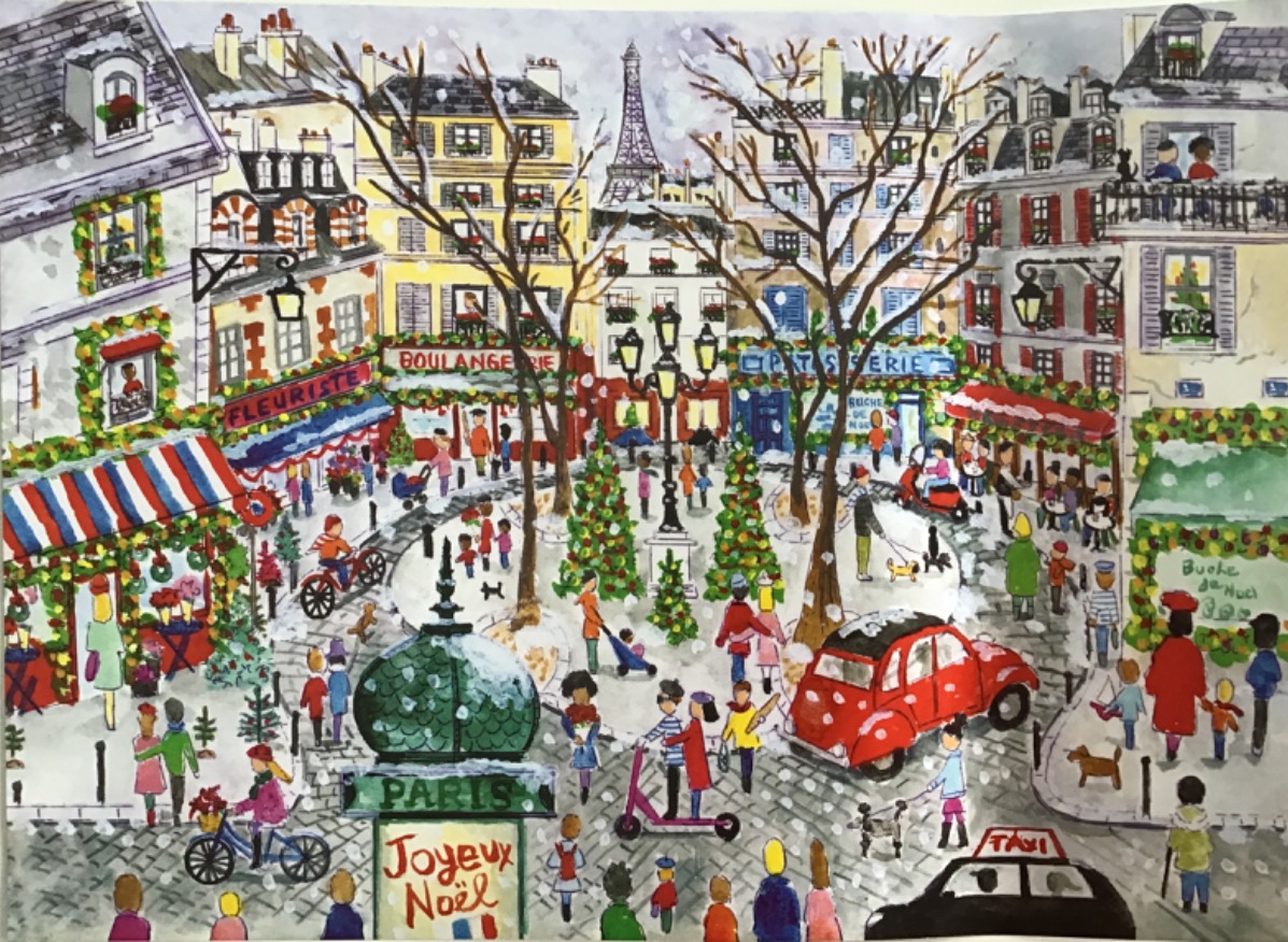 A festive, snowy Paris street scene featuring people shopping and walking past shops decorated for the holidays.