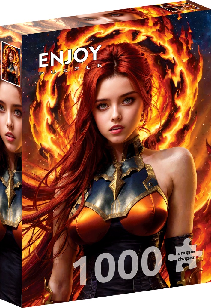 A digital illustration of a young woman with vibrant red hair standing against a swirling background of fire.