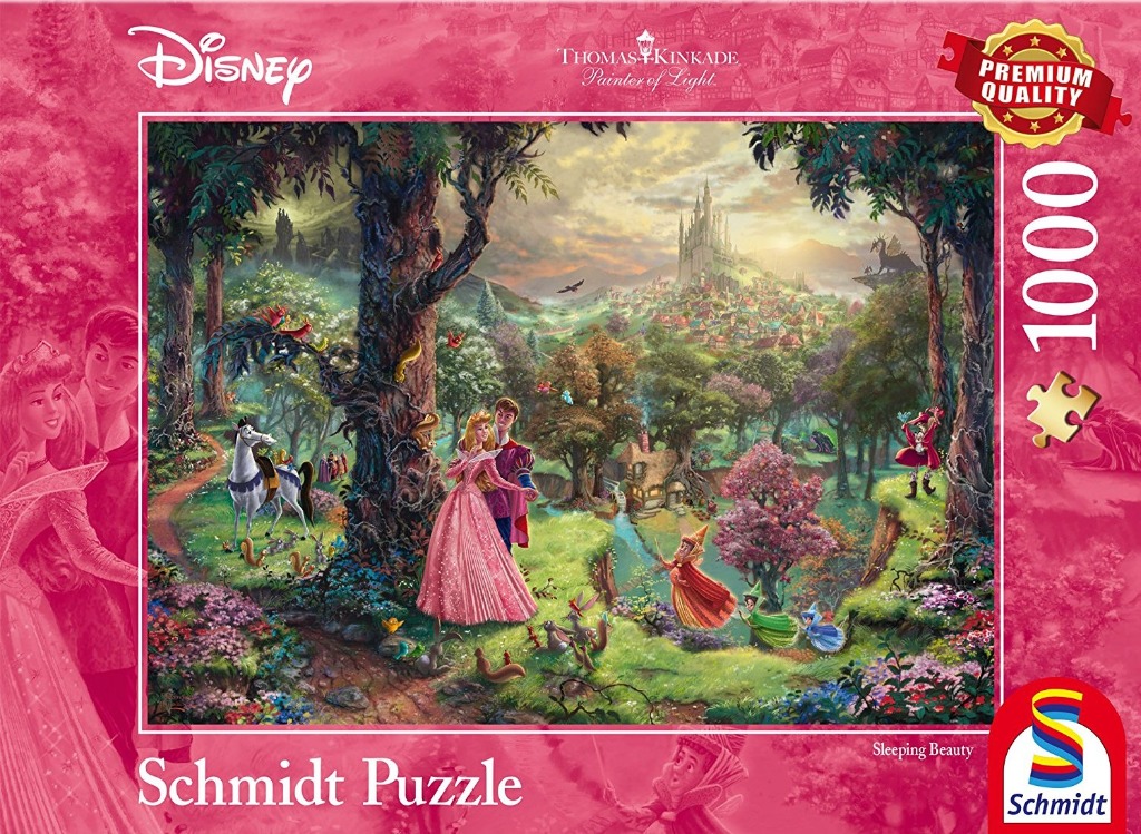 Sleeping Beauty standing with Prince Phillip in a lush, magical forest with a distant castle.