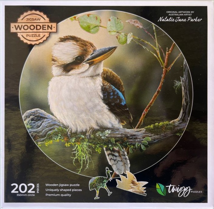 A detailed illustration of a laughing kookaburra perched on a mossy tree branch.