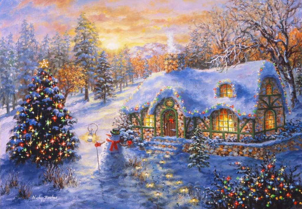 A cozy stone cottage in a snow-covered landscape at dusk with a decorated Christmas tree and a snowman.