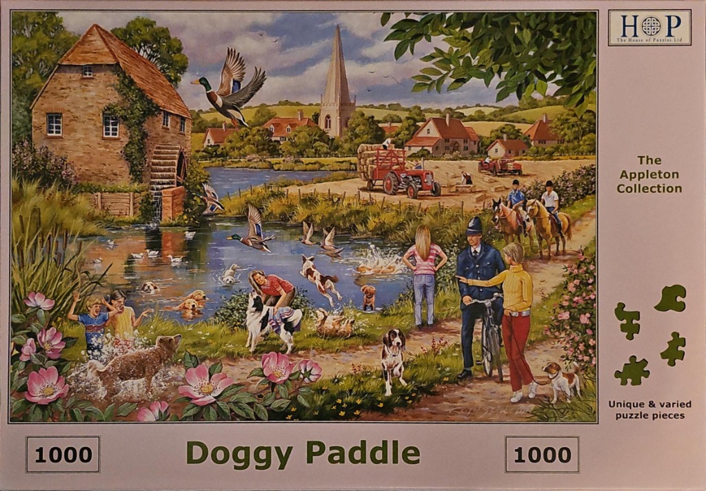 An idyllic English countryside scene featuring a water mill, a pond with swimming dogs, and rural activities.