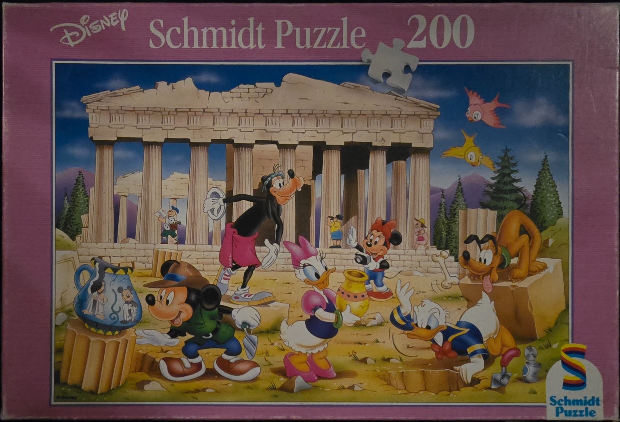 Classic Disney characters exploring an ancient Greek temple ruin.