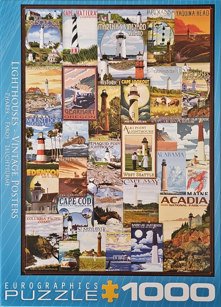 Collage of vintage-style travel posters depicting various lighthouses across the United States.