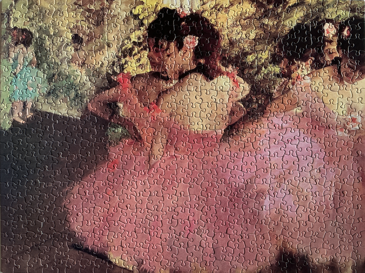 An impressionist painting depicting two ballerinas in pink tutus seen from behind.