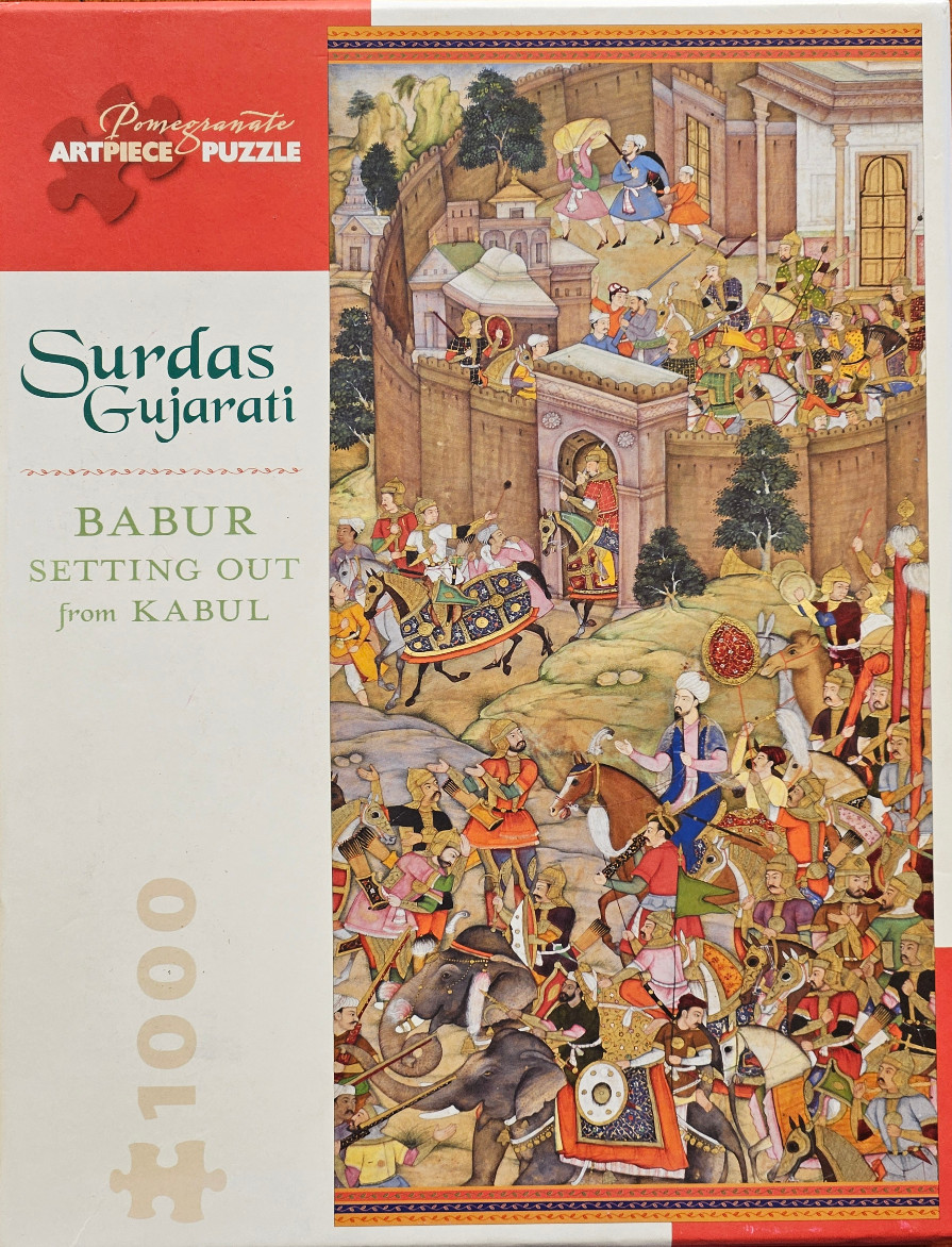 Historical Mughal miniature painting of Babur departing Kabul with a large retinue of soldiers, horses, and elephants.