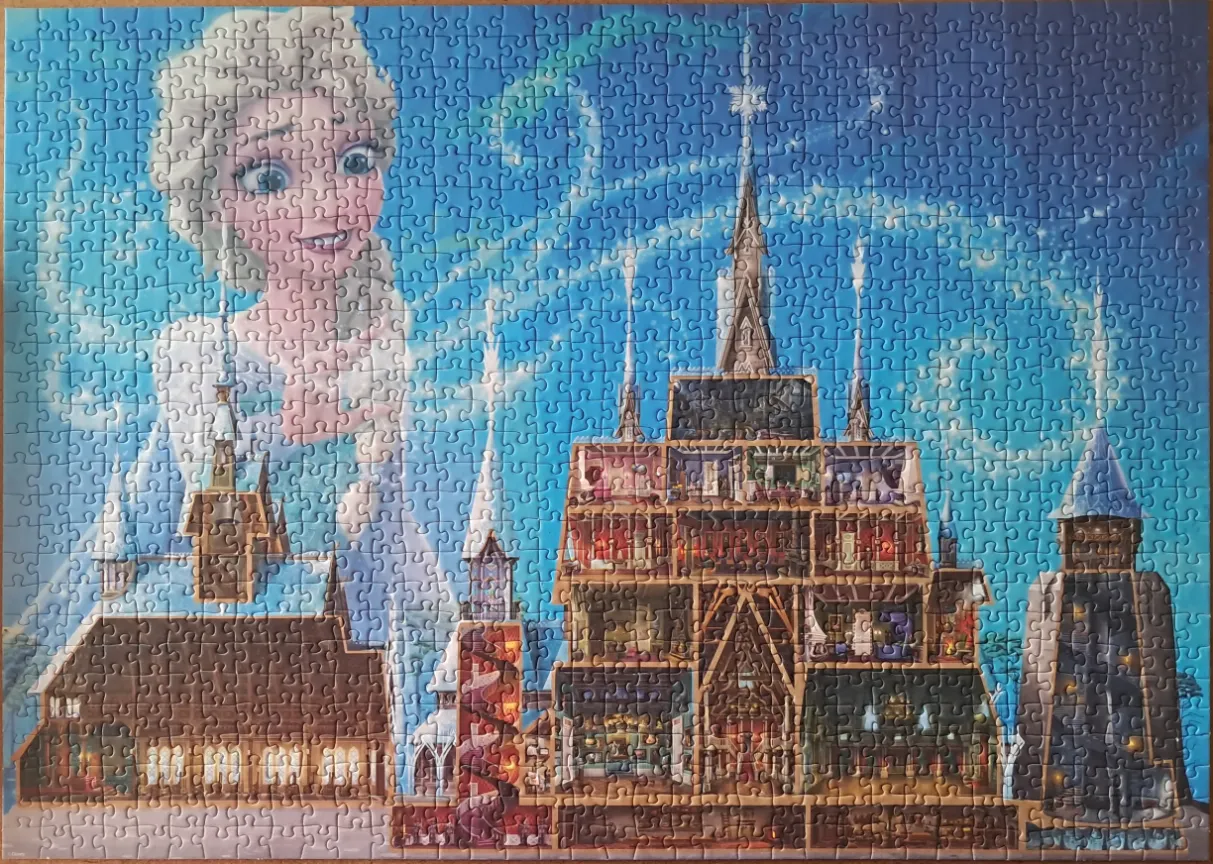 A digital illustration of Elsa from Frozen overlooking her multi-story ice castle.