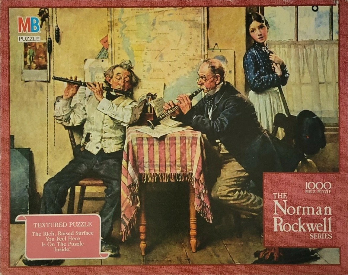 Painting of two men playing musical instruments with a young woman looking on in a room with a map on the wall.