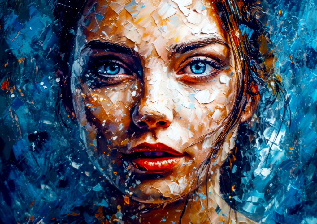 Close-up oil painting of a woman's face with bright blue eyes set against a textured, dark blue abstract background.