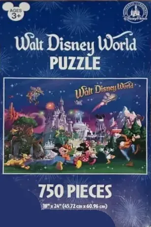 Illustration of classic Disney characters celebrating in front of a night-time theme park castle.