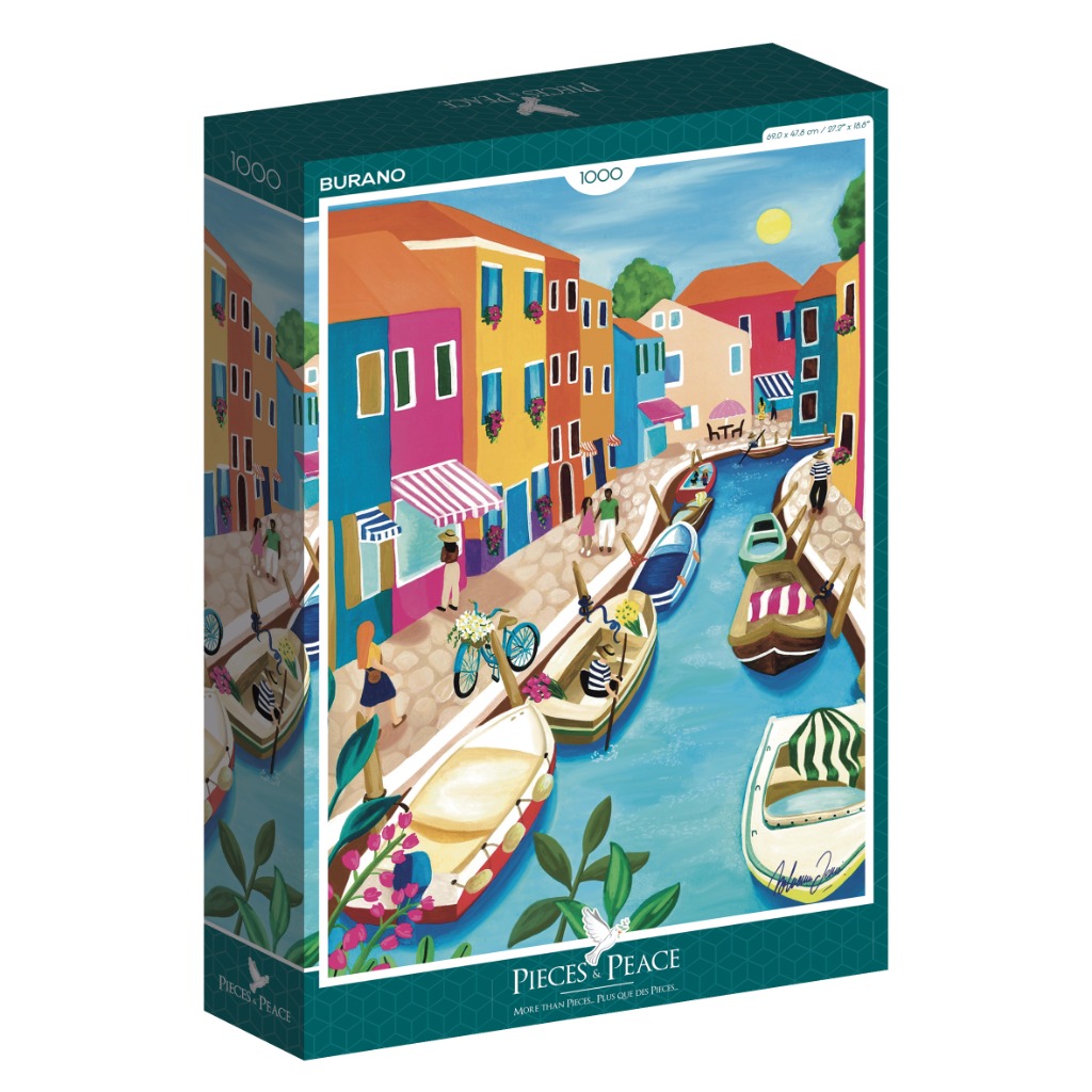 An illustration of a colorful canal scene in Burano, Italy, featuring vibrant buildings and small boats.