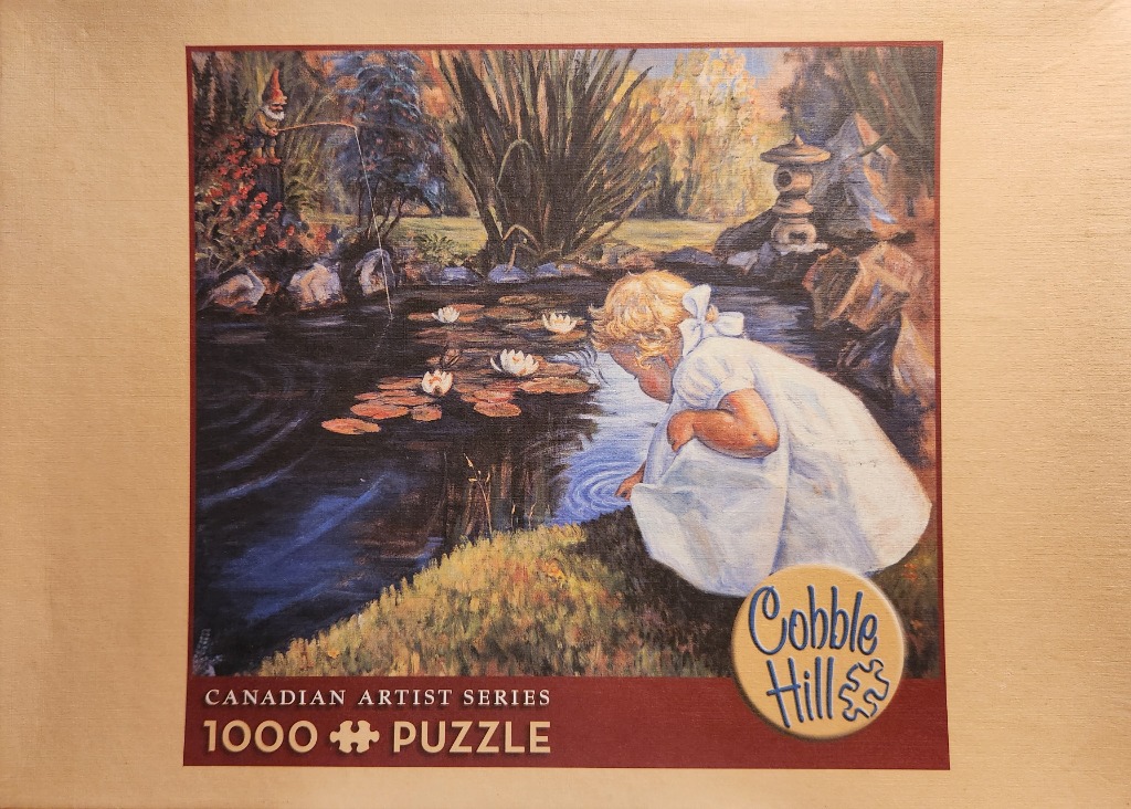 Oil painting of a young girl in a white dress kneeling by a lily pond with a garden gnome fishing.
