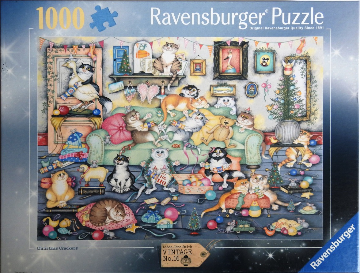 A whimsical illustration of many cats playing with Christmas crackers, ornaments, and toys in a cluttered room.