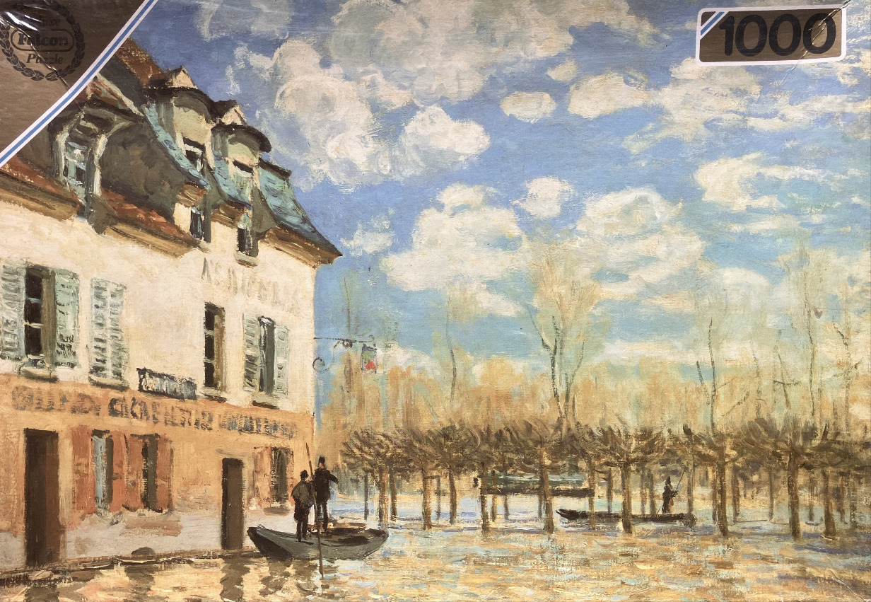 An impressionist painting of a flooded town square with a building, trees, and people in small boats.