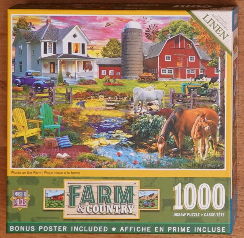A rural farm scene featuring a white farmhouse, a red barn, and horses grazing near a pond at sunset.