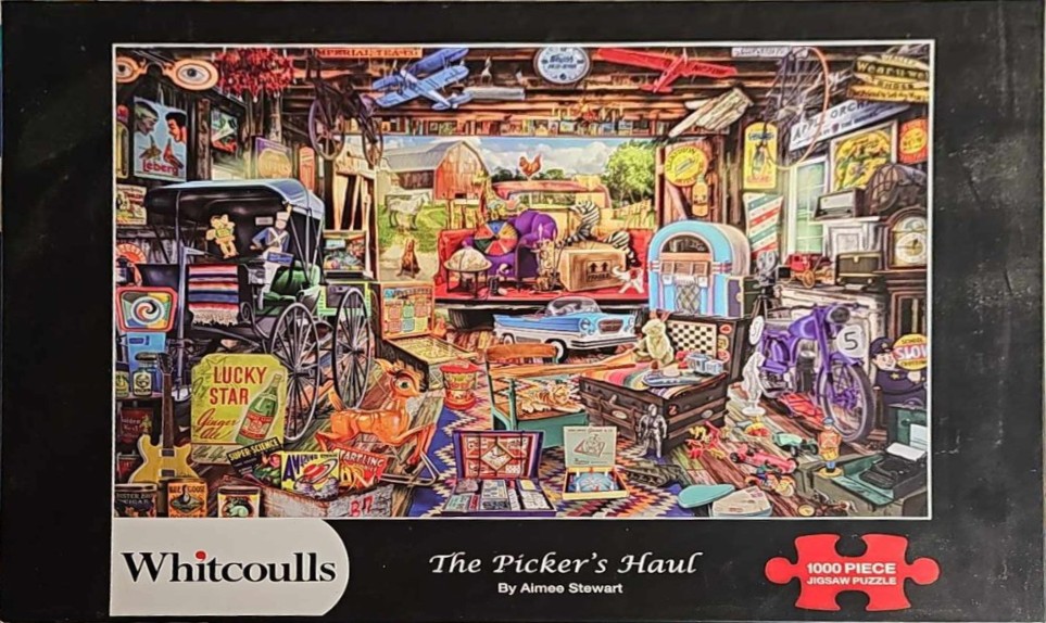 An illustration of an overflowing antique store filled with vintage toys, furniture, a carriage, and a jukebox.