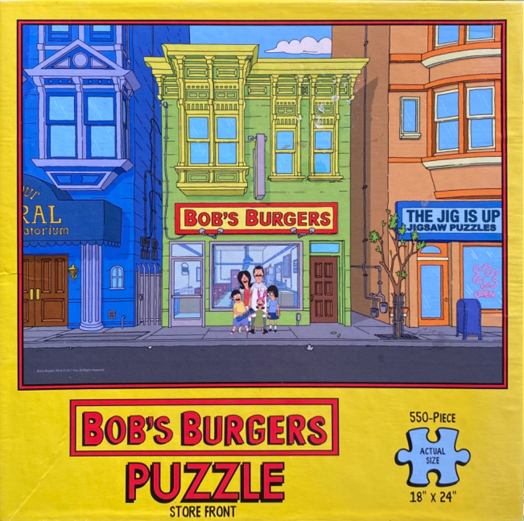 Animated street scene with the Belcher family standing in front of their green restaurant building.