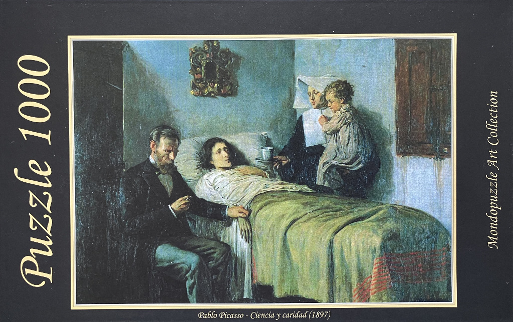 A painting of a doctor, a nun, and a patient in a dimly lit room, titled Ciencia y caridad by Pablo Picasso.