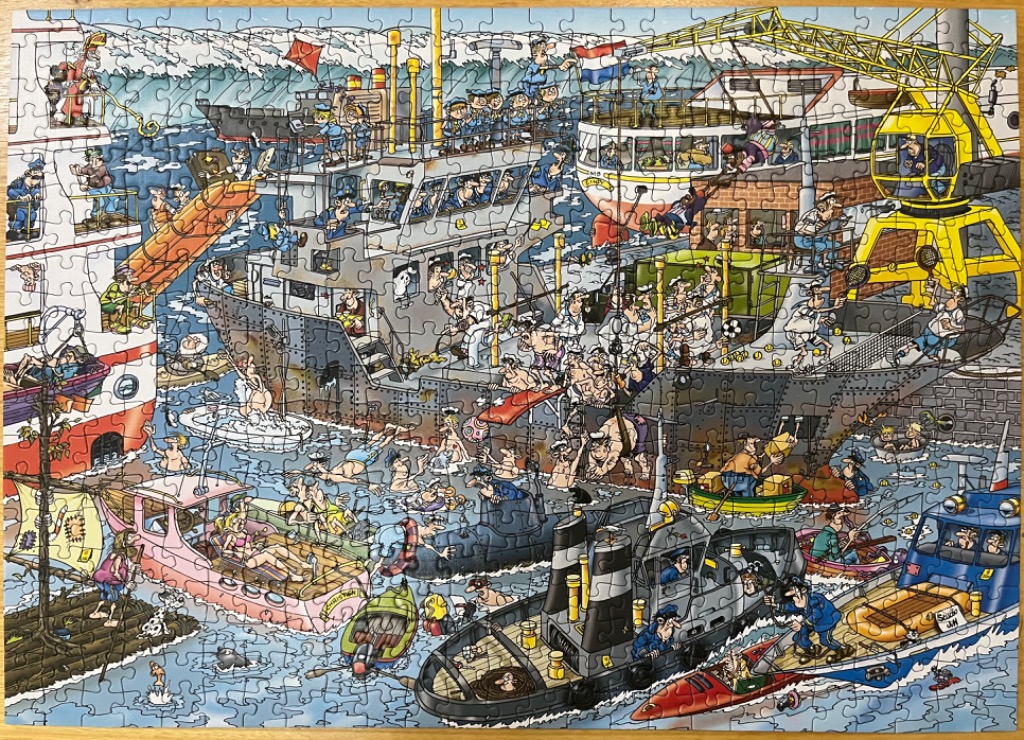 Cartoon illustration of a busy harbor filled with boats and chaotic human activity