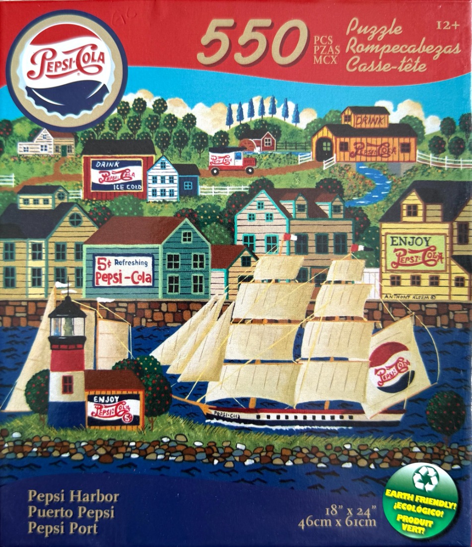A whimsical folk-art style harbor scene featuring vintage Pepsi-Cola advertisements on buildings and a sailing ship.
