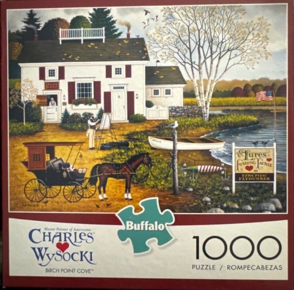 A rural folk art scene featuring a white house, a horse-drawn carriage, and a fishing tackle sign by a lake.
