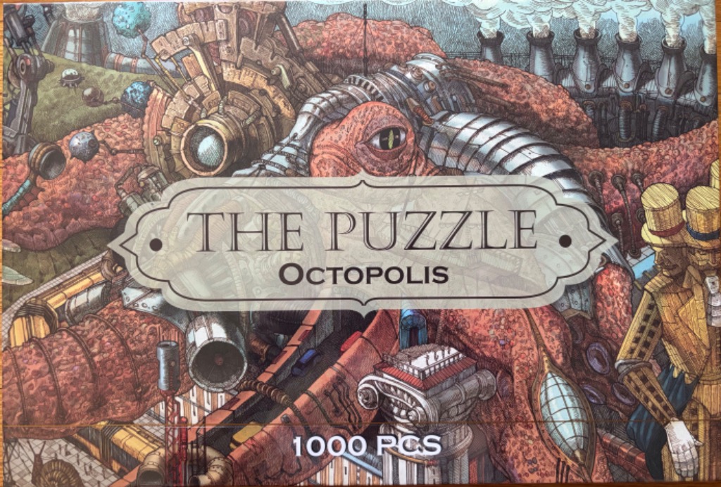 A surreal illustration featuring a massive biological octopus-like creature integrated with steampunk machinery.
